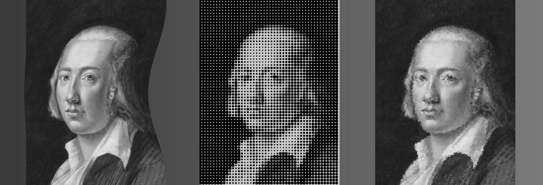 Black-and-white collage with the portrait of Friedrich Hölderlin, which can be seen three times next to each other: dent on the left, rasterized in the middle, blurred on the right.