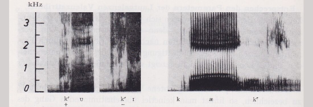 Section of a sound spectogram. The vertical axis is numbered 0-3 and overwritten with kHz.