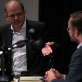 Stefan Willer speaks, Jonas Lüscher listens to him