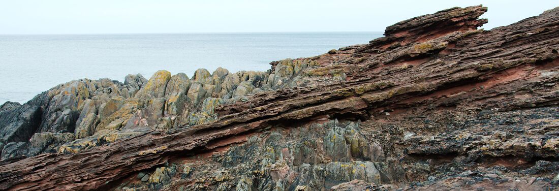 Ausschnitt einer Gesteinsformation, in der Grauwacke und Sandstein aufeinandertreffen. Im Hintergrund ist das Meer zu sehen.