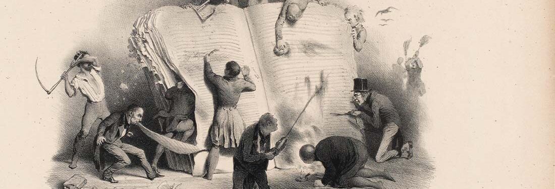 Zeichnung eines aufgeschlagenen Buchs, das von verschiedenen männlichen Figuren beschrieben, zerrissen und angezündet sowie von einer Figur links mit einer Sense bearbeitet wird.