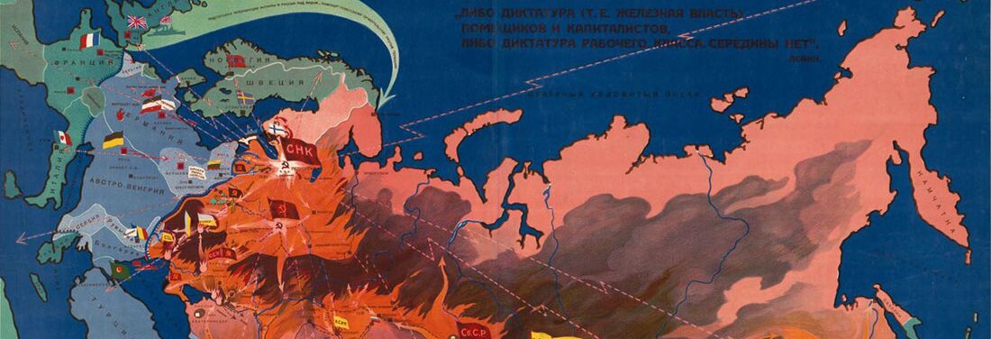 Kartenausschnitt von Nordeuropa und -asien, der größte Teil davon die Sowjetunion mit Flammen, links sind in Blau und Grün außerdem die skandinavischen Länder, Österreich-Ungarn, die Türkei, Deutschland, Frankreich, Großbritannien und Italien zu sehen.