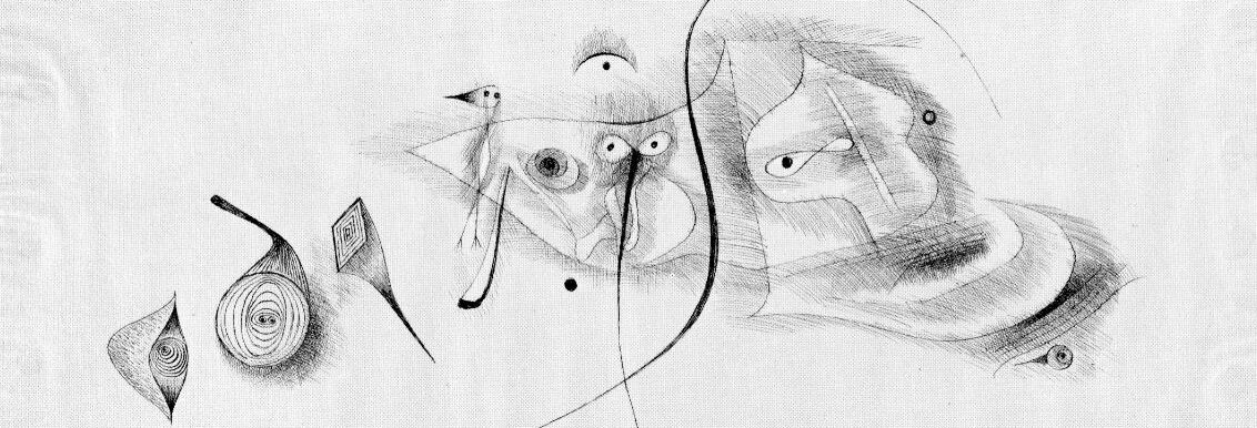 Bleistiftzeichnung verschiedener abstrakter Figuren. Die Figuren links erinnern an Augen oder Zwiebeln, weiter rechts sind unter anderem einige Vogel- einige augenähnliche Formen zu sehen.