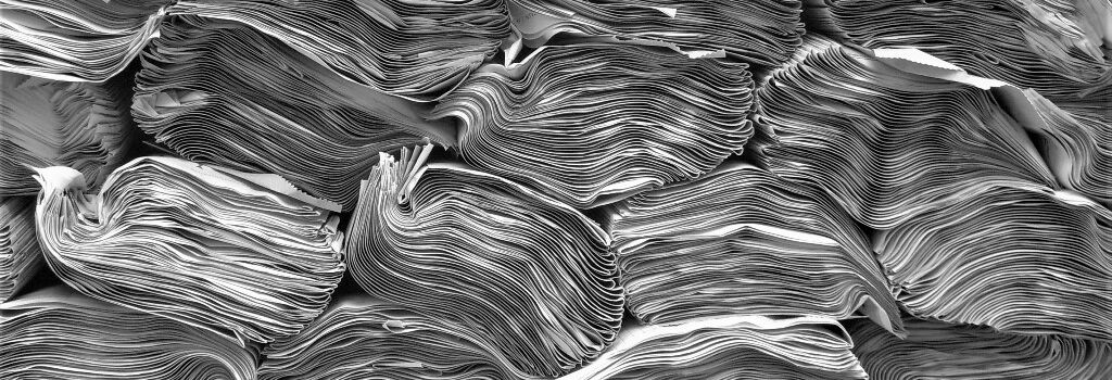 Schwarz-weißes Foto von mehreren sehr dicken, eng zusammenliegenden Zeitschriftenstapeln aus der Seitenansicht. Zusammen ergeben sie ein gewelltes Muster.
