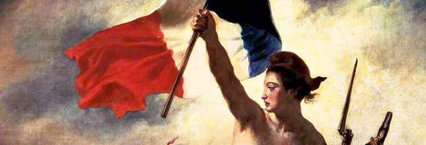 Detail of a painting showing the head and shoulders of a female figure against a bright cloudy sky, holding a French flag in her upraised right arm. Next to her a pistol and a musket rise into the sky.