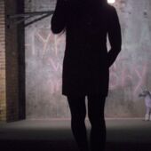 Close-up of silhouette of a woman, from neck to lower leg. In the background a written concrete wall and a small made unicorn.