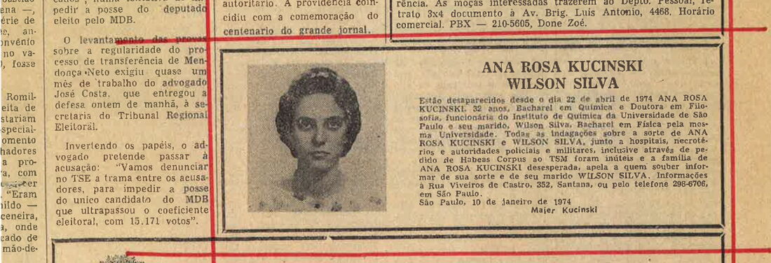 Announcement of the disappearance of university professor and political activist Ana Rosa Kucinski and her husband Wilson Silva in a Brazilian newspaper by her father Majer Kucinski.