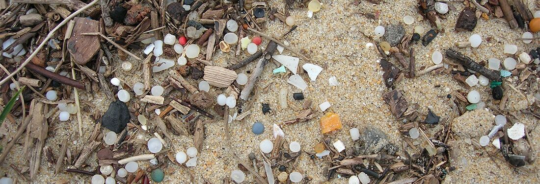 Sandy beach with flotsam and brushwood and differently colored industrial plastic pellets on it.