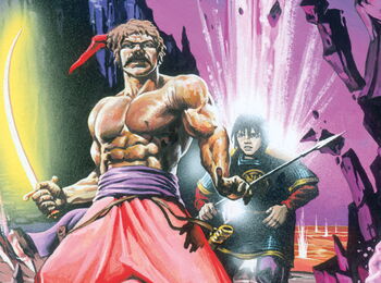 Fantasy drawing. A muscular man with a naked upper body and red pluder trousers holds a bright yellow sword in his hand, behind him stands another figure in front of a rocky landscape bathed in purple light.