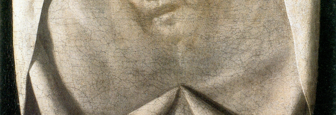 Detail of the lower half of a painting showing a linen cloth with the pale imprint of a human mouth.