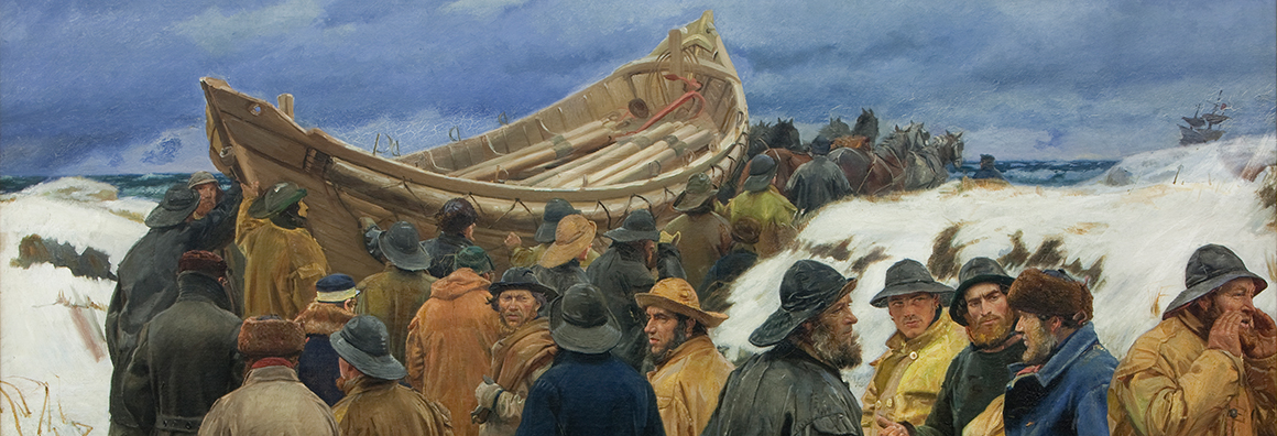Painting of a wooden lifeboat being pulled through the dunes towards the sea by several horses. It is accompanied by a large group of sailors in fishing hats.