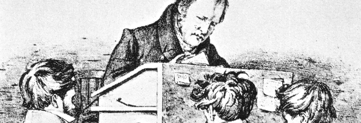 Lithographie von Georg Friedrich Wilhelm Hegel am Vortragspult, vor dem drei Personen stehen.
