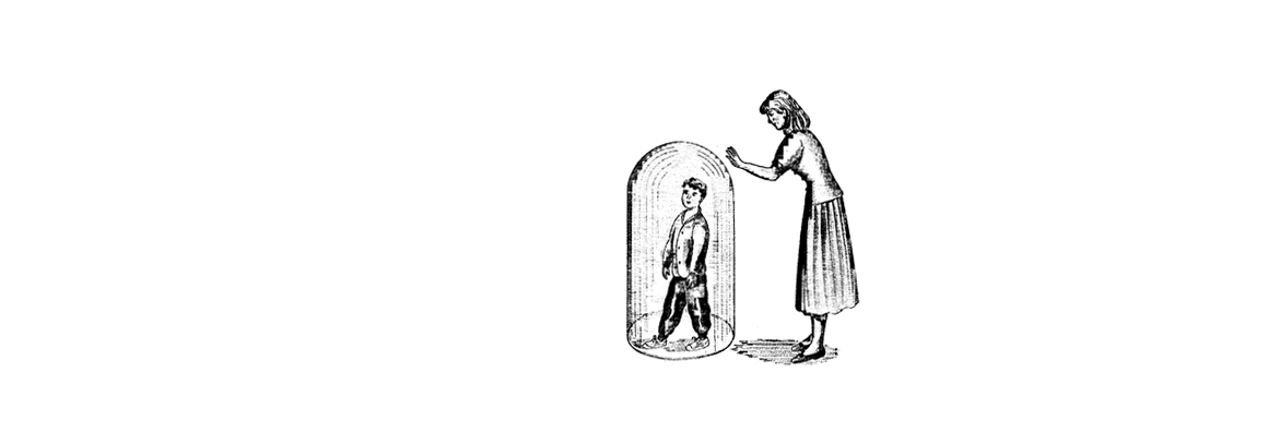 Zeichnung eines Kinds, das unter einer Glasglocke steht. Eine Person mit Rock und schulterlangem Haar klopft von außen an die Glasglocke.