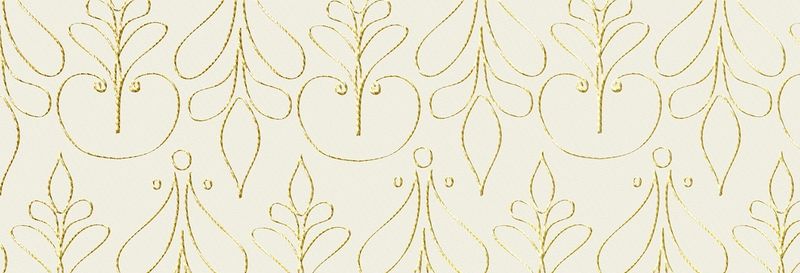 Ein goldenes, gleichmäßiges Muster auf cremefarbenem Grund. Das Muster zeigt runde, elegant geschwungene Formen, die an Blätter und Insekten erinnern.